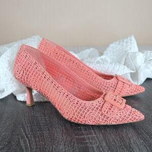 Alex Marie ASHTON Coral Crochet Pointed Kitten Heels with Buckle 10M Coral PINK